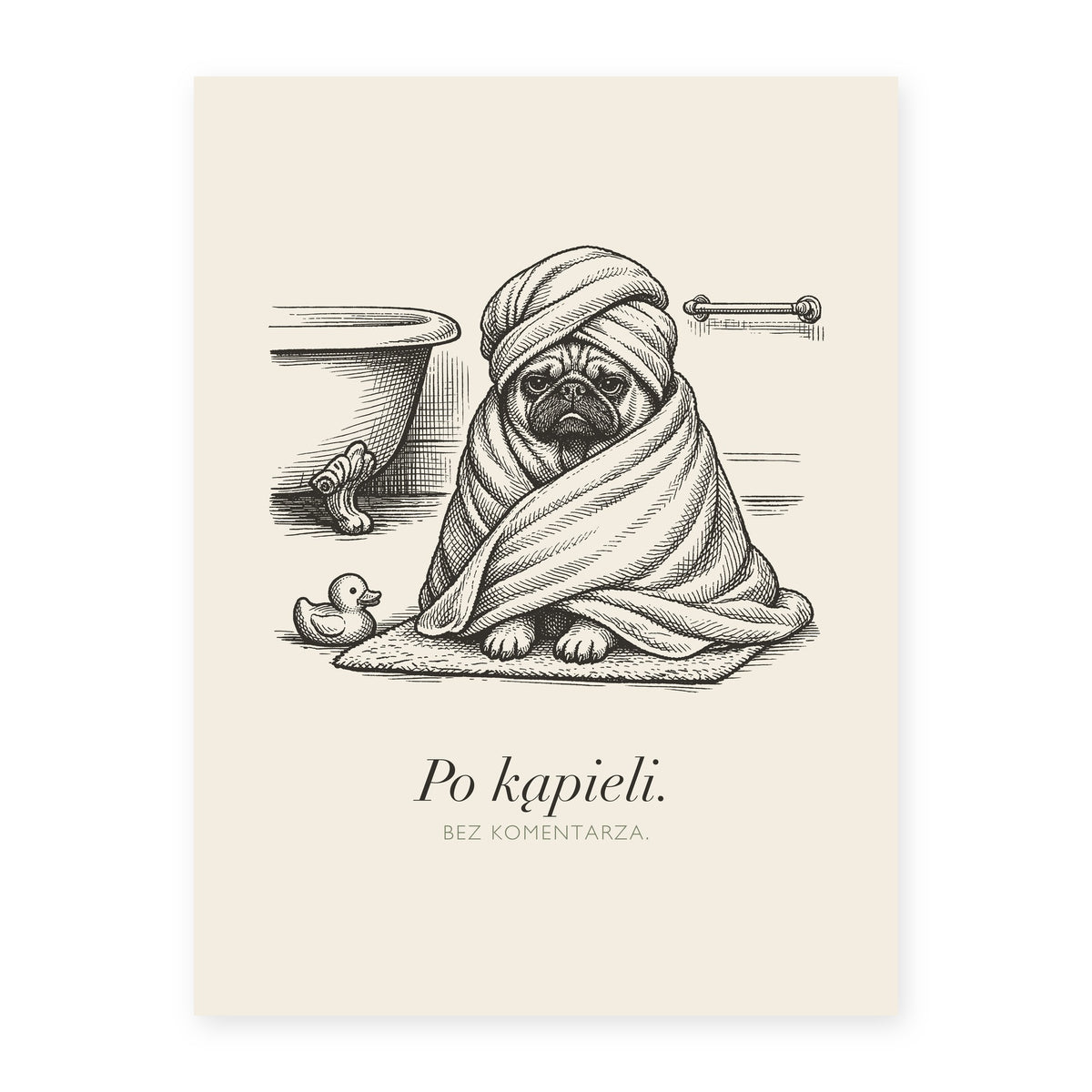 Plakat do łazienki Mops po kąpieli, rycina z polskim podpisem