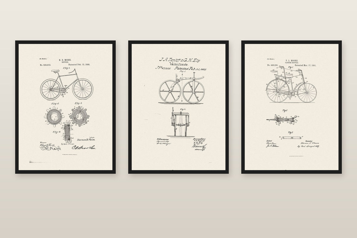 Plakaty dla rowerzysty: rysunki patentowe vintage, zestaw 3 plakatów na jasnej ścianie