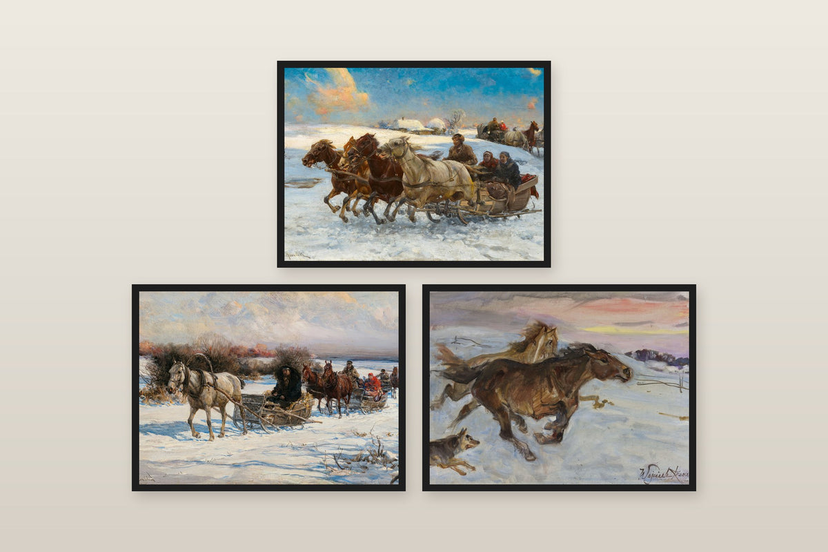 Obrazy konie: Sanie i kulig, zestaw 3 obrazów na jasnej ścianie