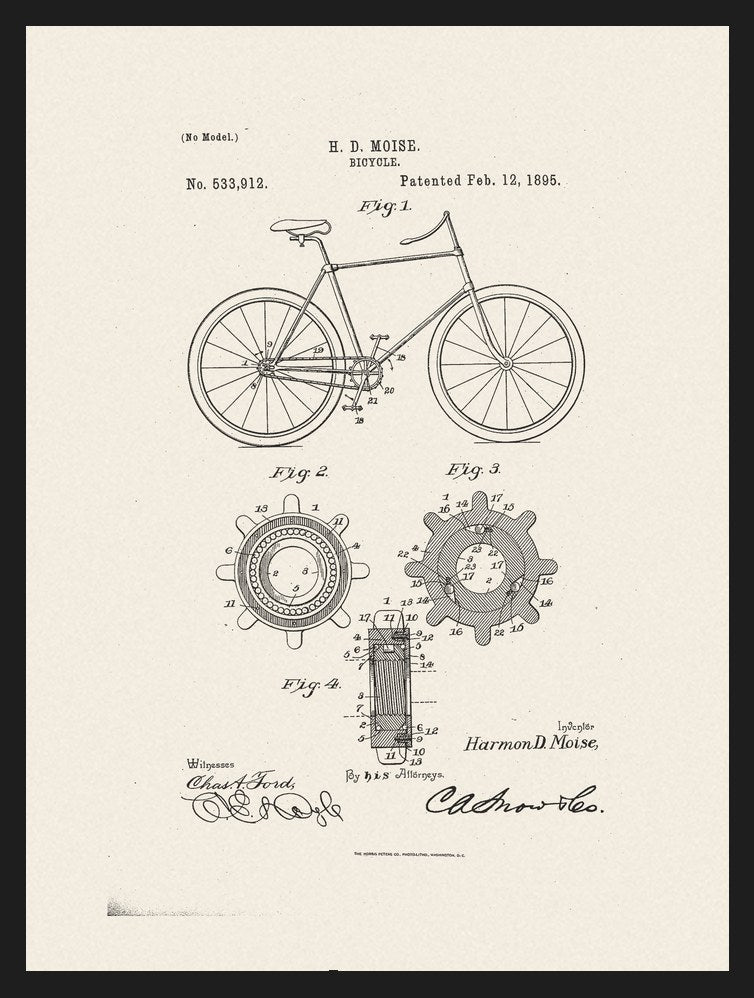 Plakaty dla rowerzysty: rysunki patentowe vintage: Rower, plakat w czarnej ramie – plakat na ścianę