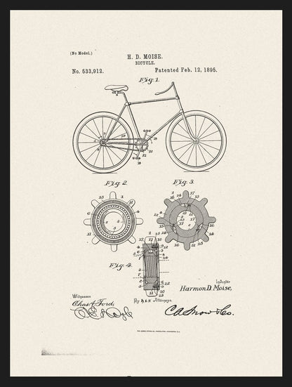 Plakaty dla rowerzysty: rysunki patentowe vintage: Rower, plakat w czarnej ramie