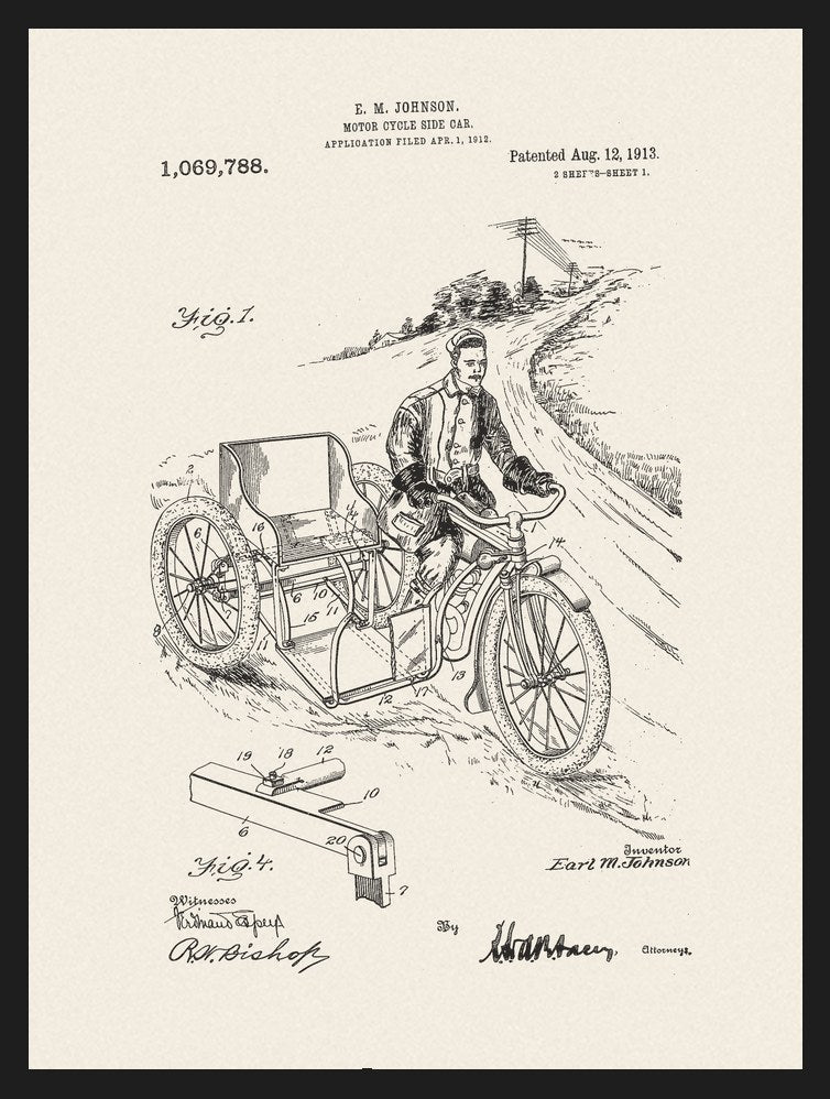 Plakaty dla motocyklisty: rysunki patentowe vintage: Motocykl z koszem, plakat w czarnej ramie