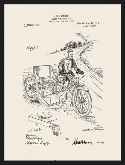 Plakaty dla motocyklisty: rysunki patentowe vintage: Motocykl z koszem, plakat w czarnej ramie