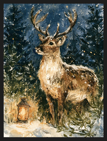 Renifery w śniegu: Renifer o zmierzchu, plakat w czarnej ramie