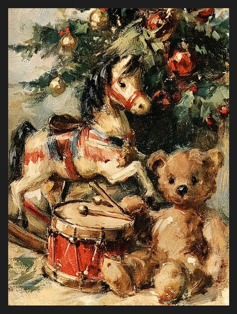 Mikołaj vintage: Zabawki pod choinką, plakat w czarnej ramie – plakat na ścianę
