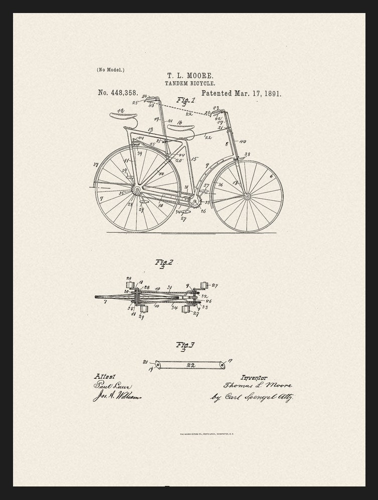 Plakaty dla rowerzysty: rysunki patentowe vintage: Rower tandem, plakat w czarnej ramie – plakat na ścianę
