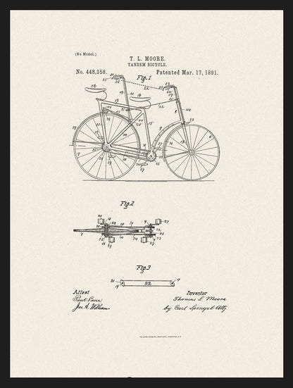 Plakaty dla rowerzysty: rysunki patentowe vintage: Rower tandem, plakat w czarnej ramie