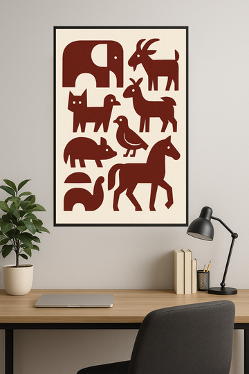 Abstract red animal shapes including an elephant, dog, and goat.- gabinet – plakat do druku