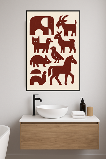 Abstract red animal shapes including an elephant, dog, and goat.- lazienka – plakat do druku