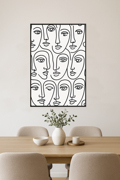 Abstract line drawings of faces in black on white background.- jadalnia