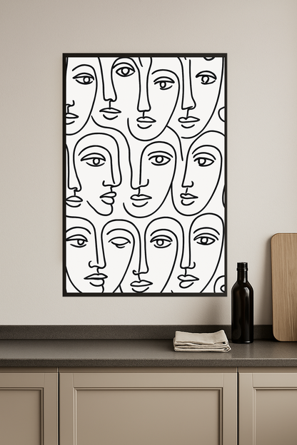 Abstract line drawings of faces in black on white background.- kuchnia