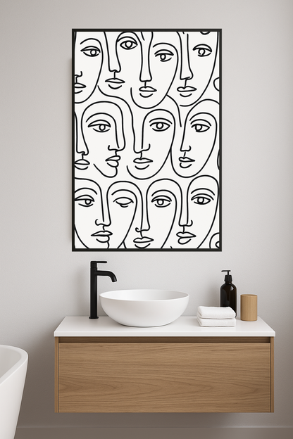 Abstract line drawings of faces in black on white background.- lazienka