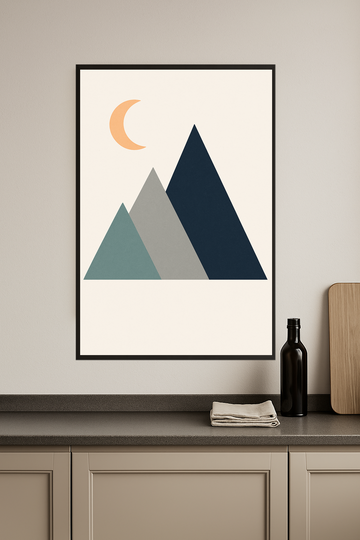 Abstract mountains in blue, gray, and teal with an orange crescent moon.- kuchnia