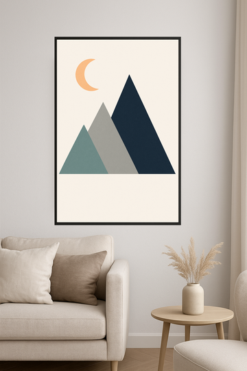 Abstract mountains in blue, gray, and teal with an orange crescent moon.- salon