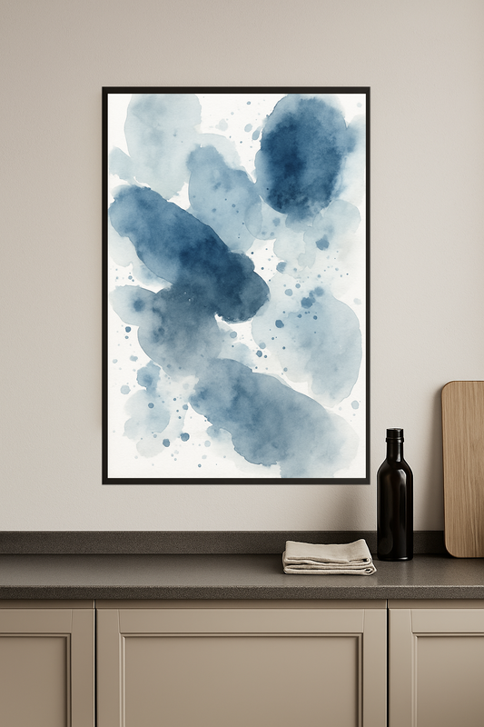 Abstract watercolor shapes in shades of blue and gray.- kuchnia