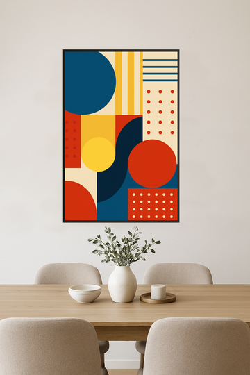 Geometric abstract art with colorful shapes and patterns.- jadalnia