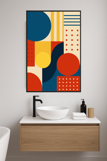 Geometric abstract art with colorful shapes and patterns.- lazienka