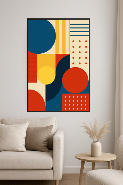 Geometric abstract art with colorful shapes and patterns.- salon