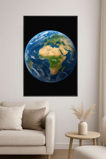 Spherical image of Earth with blue oceans and green-brown continents.- salon