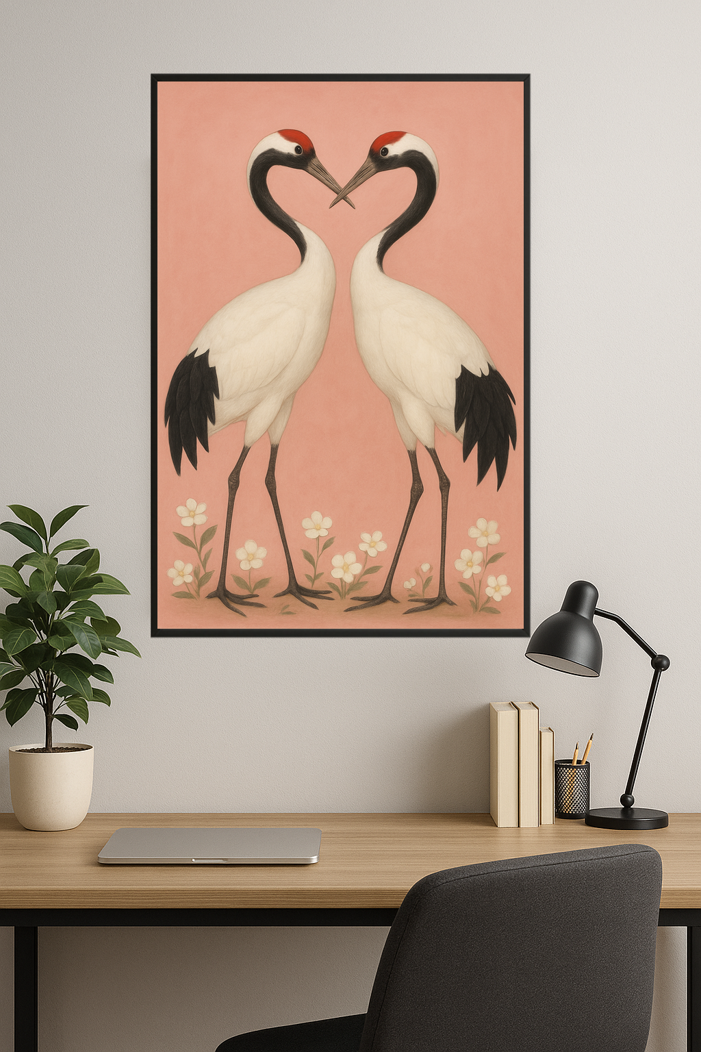 Two cranes facing each other with red crowns on a pink background.- gabinet