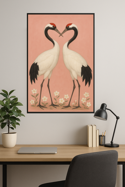 Two cranes facing each other with red crowns on a pink background.- gabinet