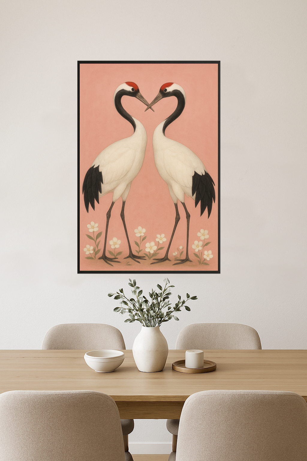 Two cranes facing each other with red crowns on a pink background.- jadalnia