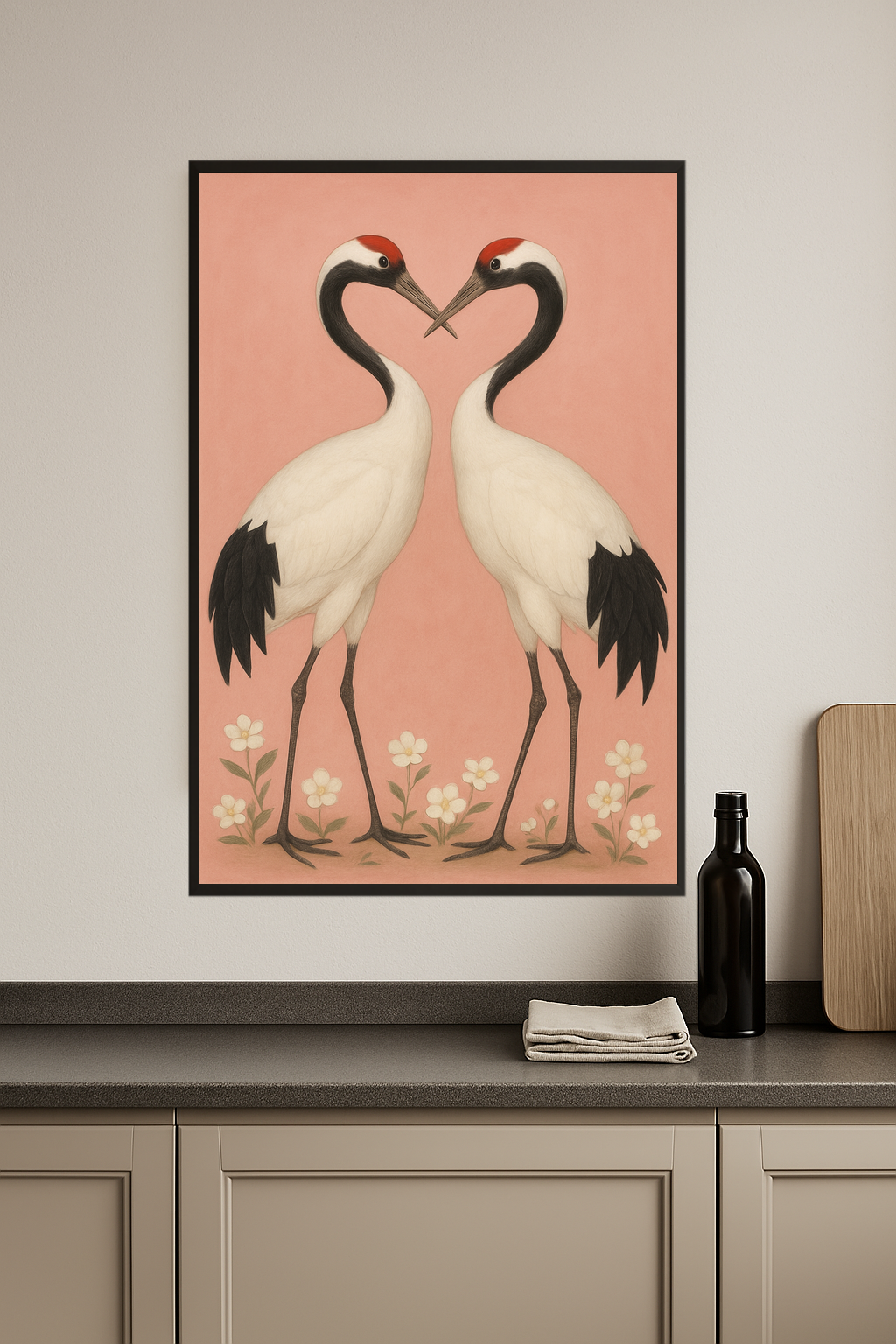 Two cranes facing each other with red crowns on a pink background.- kuchnia