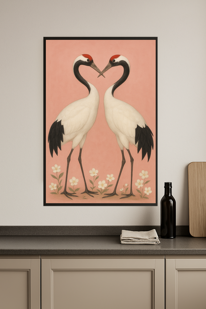 Two cranes facing each other with red crowns on a pink background.- kuchnia