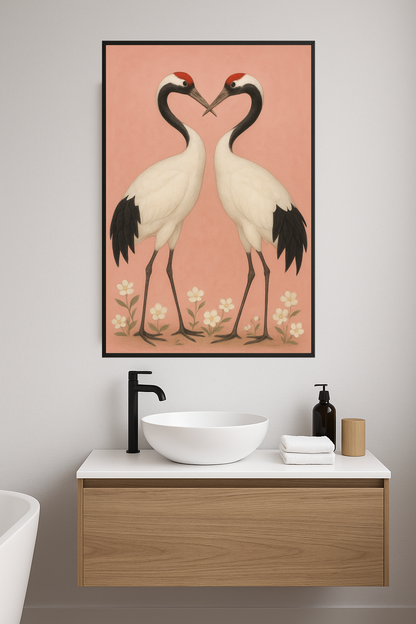 Two cranes facing each other with red crowns on a pink background.- lazienka