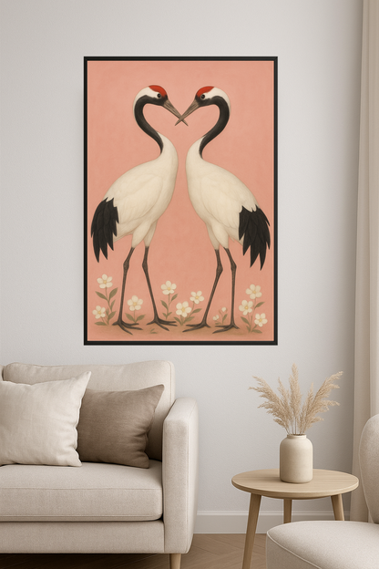 Two cranes facing each other with red crowns on a pink background.- salon