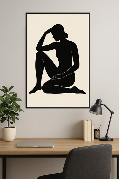Silhouette of a seated female figure in a relaxed pose.- gabinet