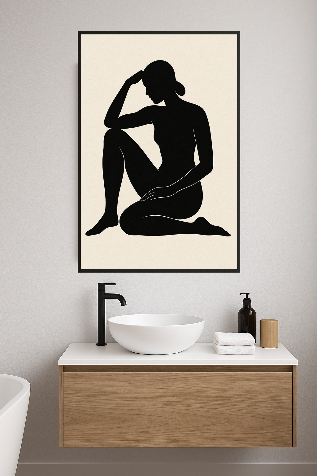 Silhouette of a seated female figure in a relaxed pose.- lazienka