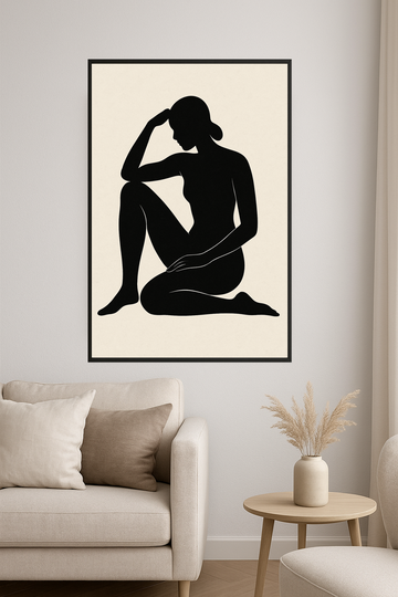 Silhouette of a seated female figure in a relaxed pose.- salon