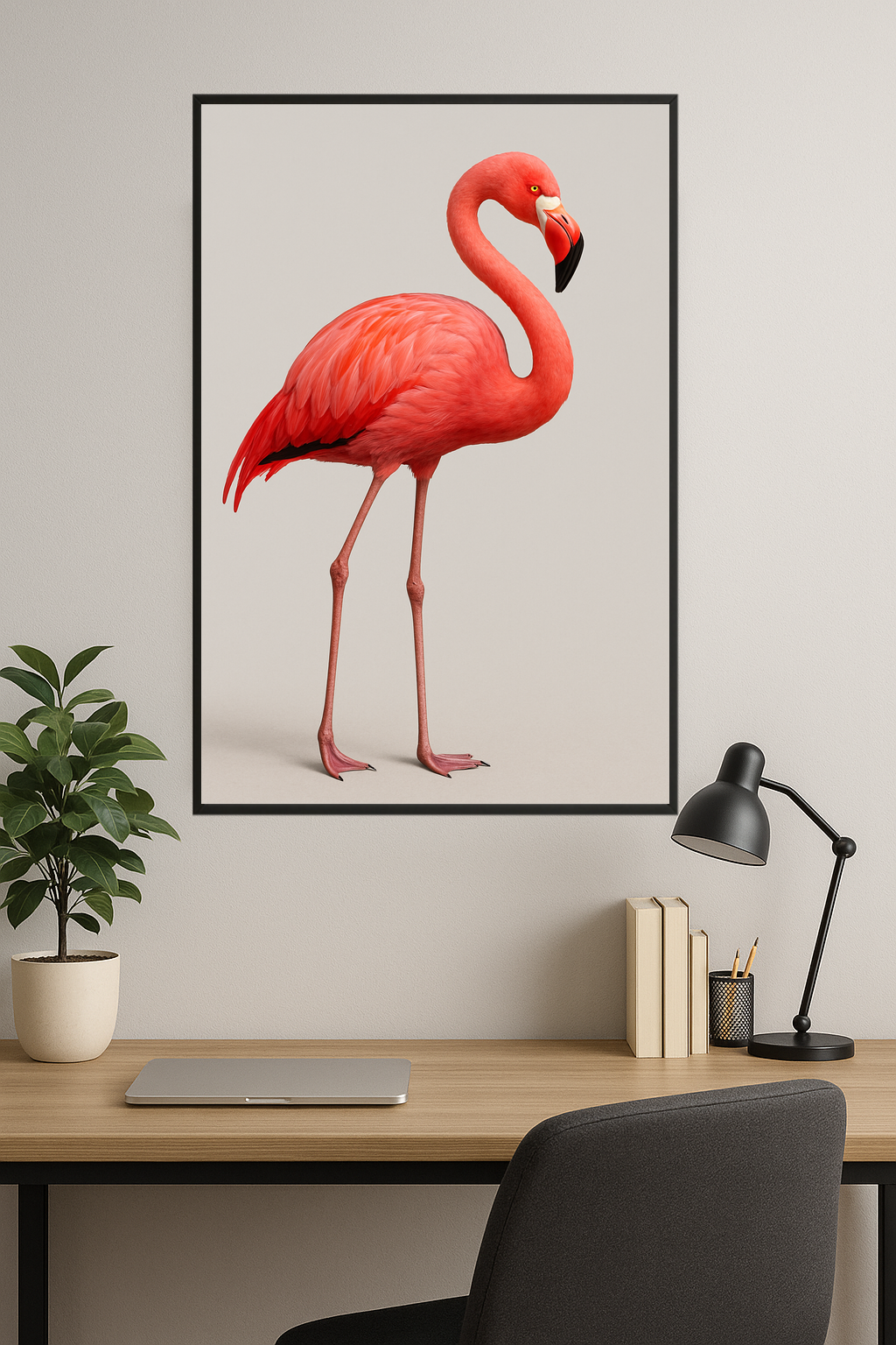 A pink flamingo standing gracefully on slender legs.- gabinet