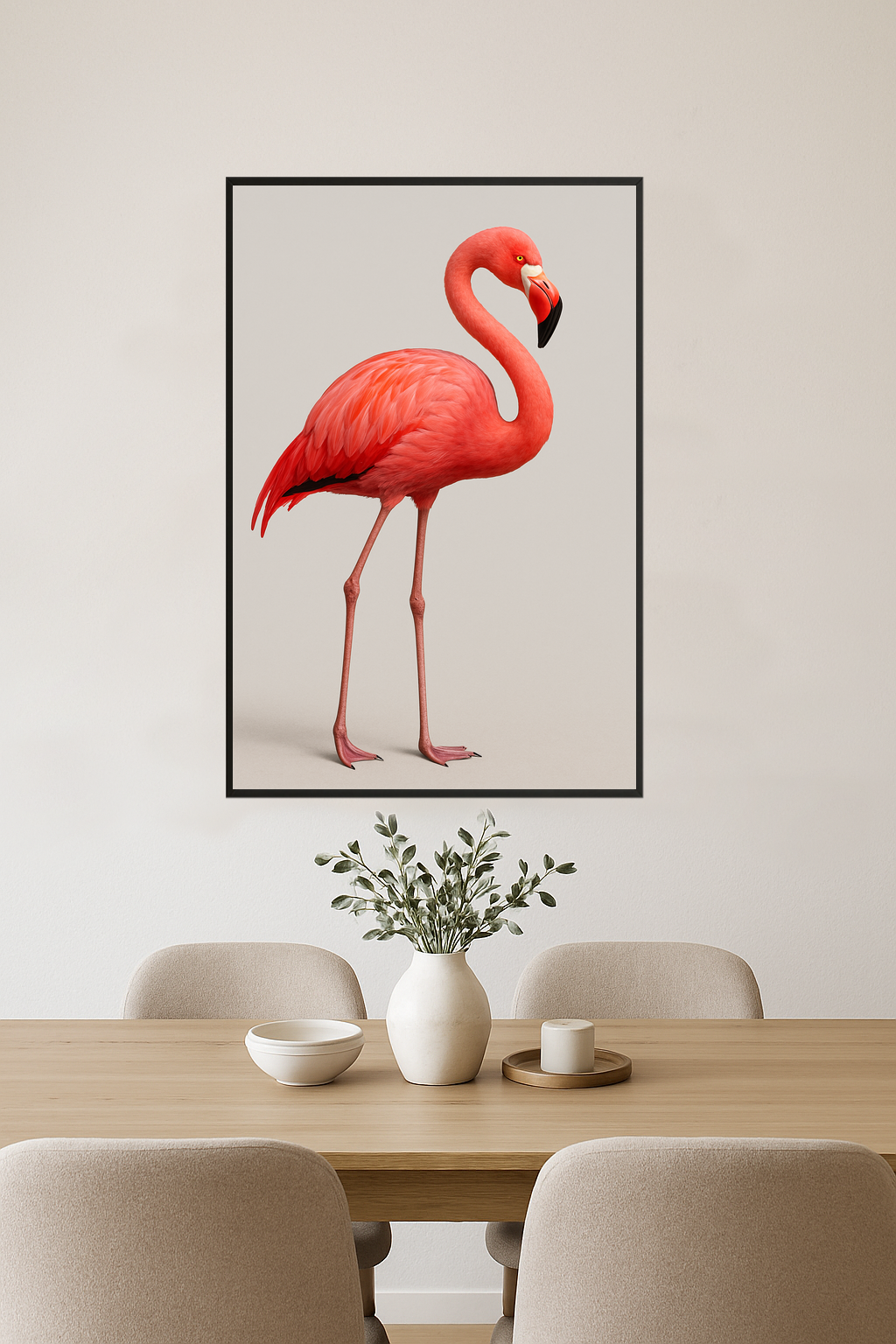 A pink flamingo standing gracefully on slender legs.- jadalnia