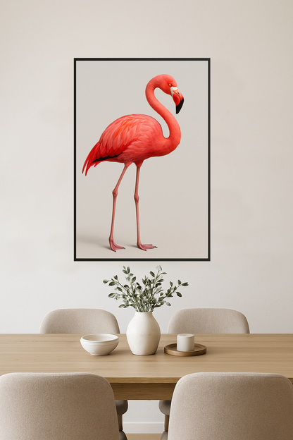 A pink flamingo standing gracefully on slender legs.- jadalnia