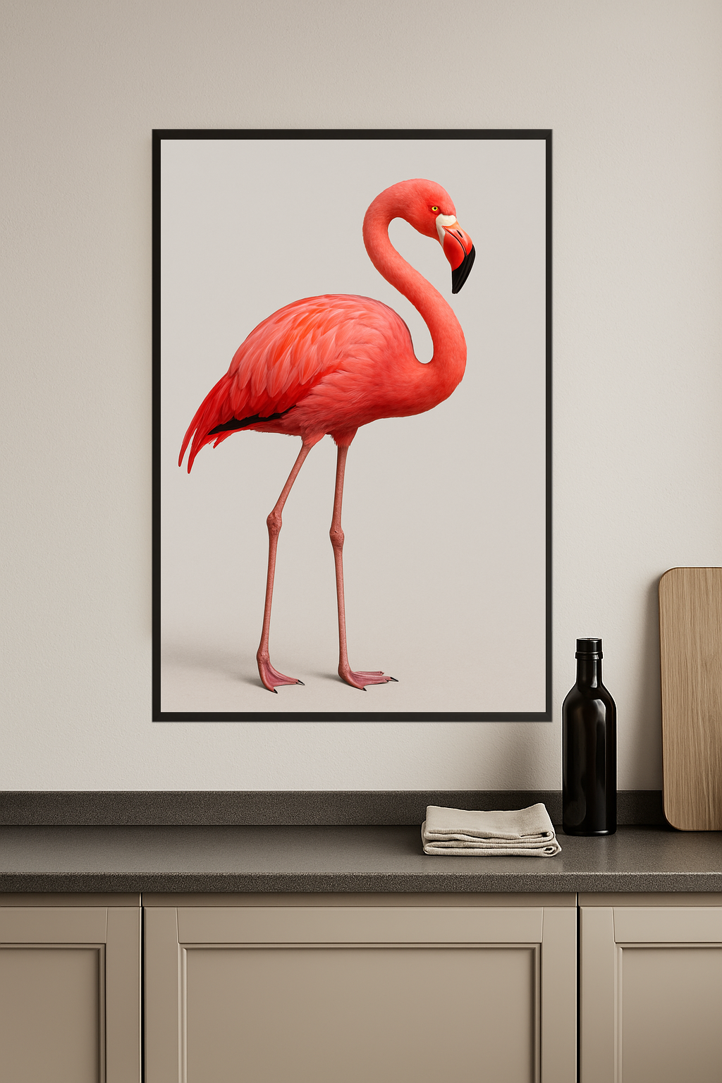 A pink flamingo standing gracefully on slender legs.- kuchnia