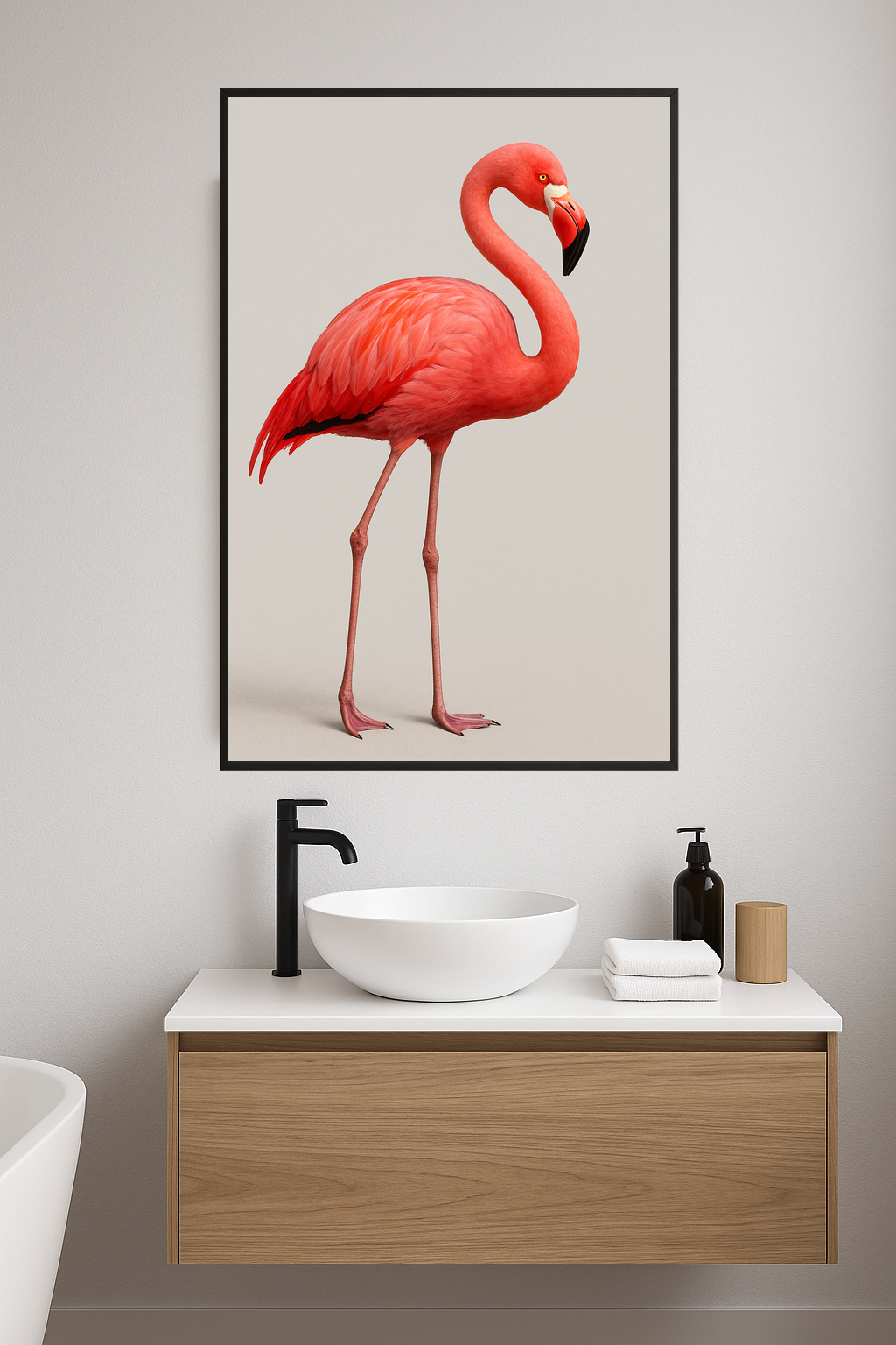 A pink flamingo standing gracefully on slender legs.- lazienka