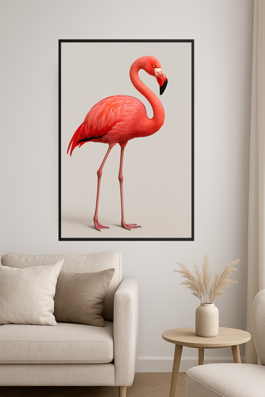 A pink flamingo standing gracefully on slender legs.- salon