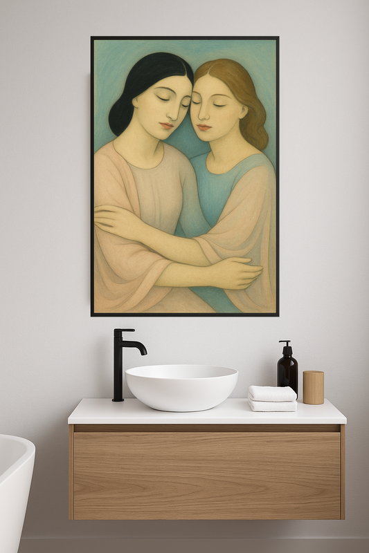 Two women embracing, wearing soft pink and blue shawls, with serene expressions.- lazienka