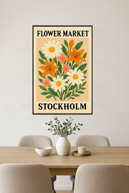 Stylized bouquet of flowers with daisies, lilies, and pink blossoms.- jadalnia