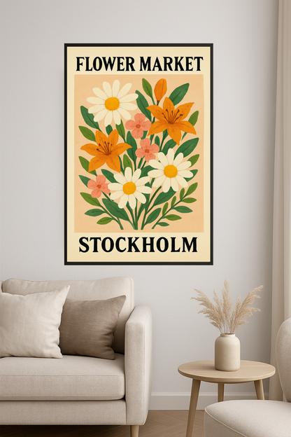 Stylized bouquet of flowers with daisies, lilies, and pink blossoms.- salon