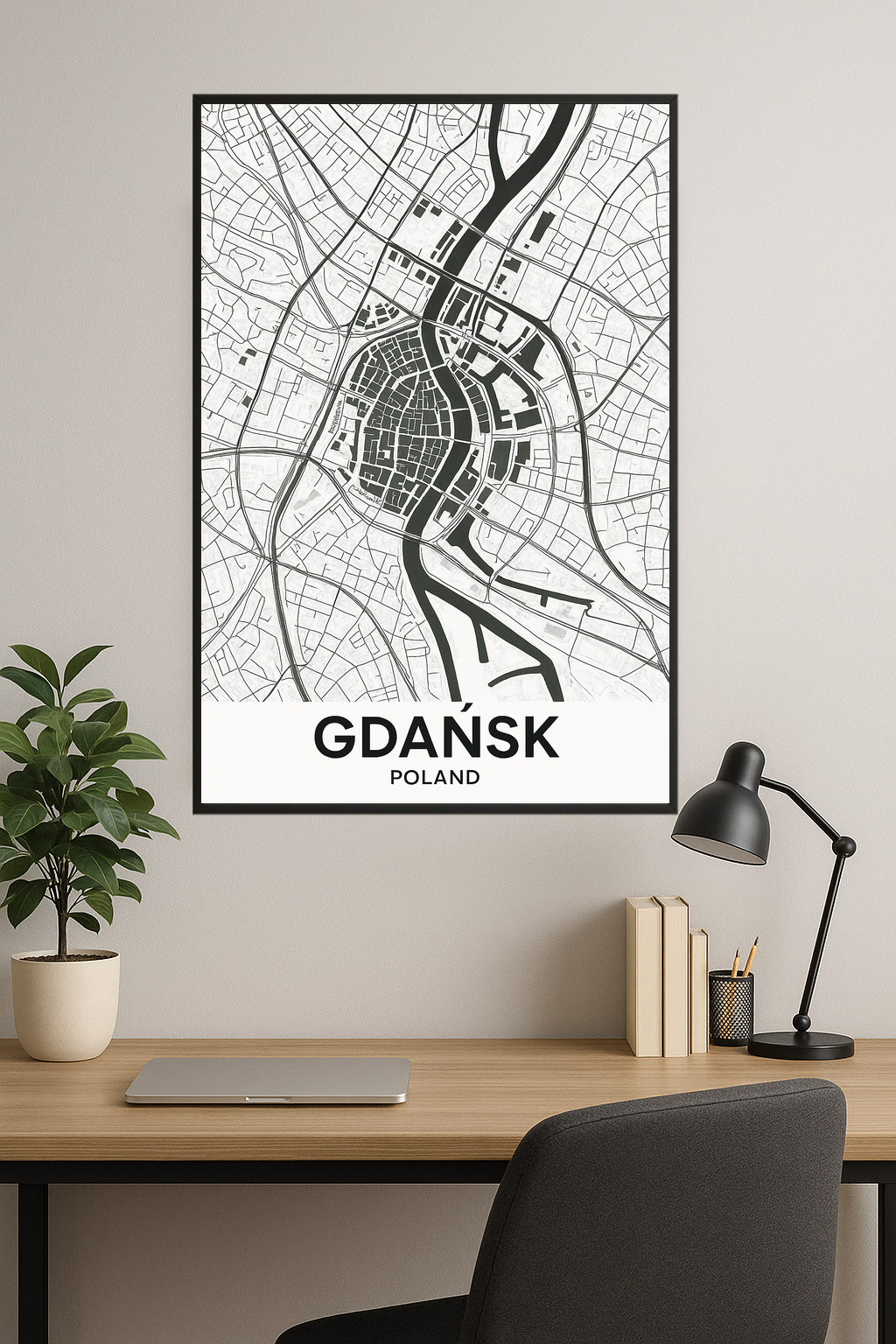 Black and white map of Gdańsk, Poland with street details.- gabinet