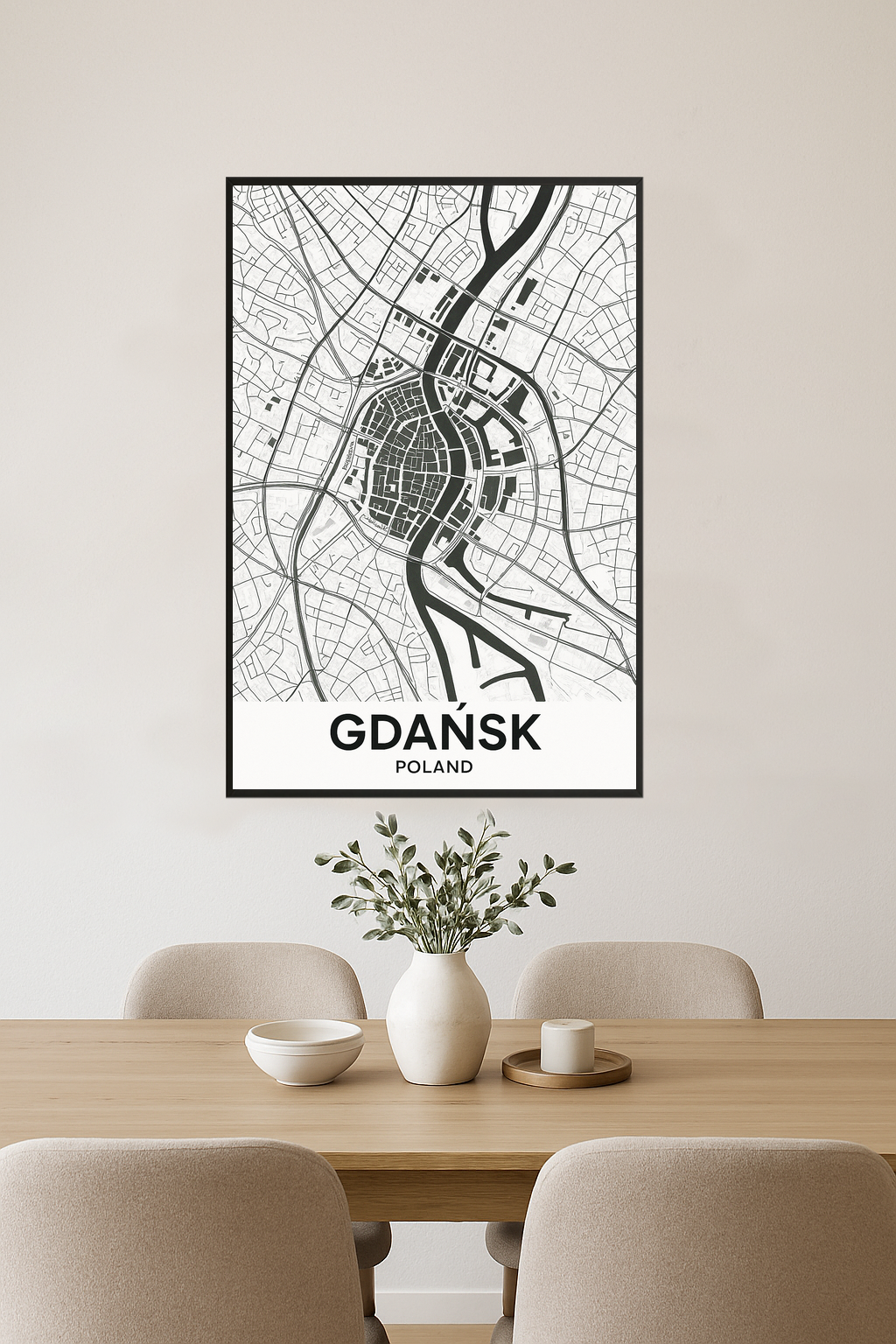 Black and white map of Gdańsk, Poland with street details.- jadalnia