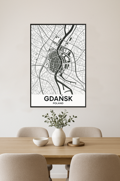 Black and white map of Gdańsk, Poland with street details.- jadalnia