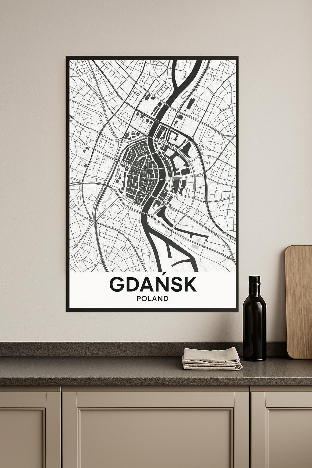 Black and white map of Gdańsk, Poland with street details.- kuchnia