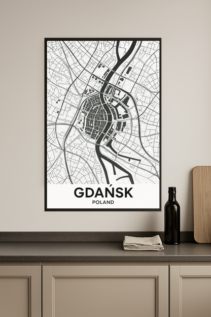Black and white map of Gdańsk, Poland with street details.- kuchnia