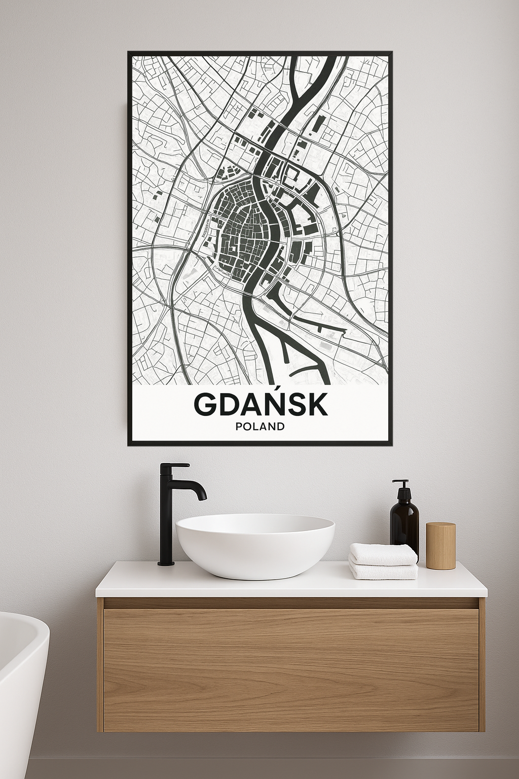 Black and white map of Gdańsk, Poland with street details.- lazienka