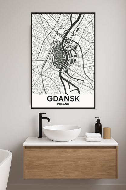Black and white map of Gdańsk, Poland with street details.- lazienka