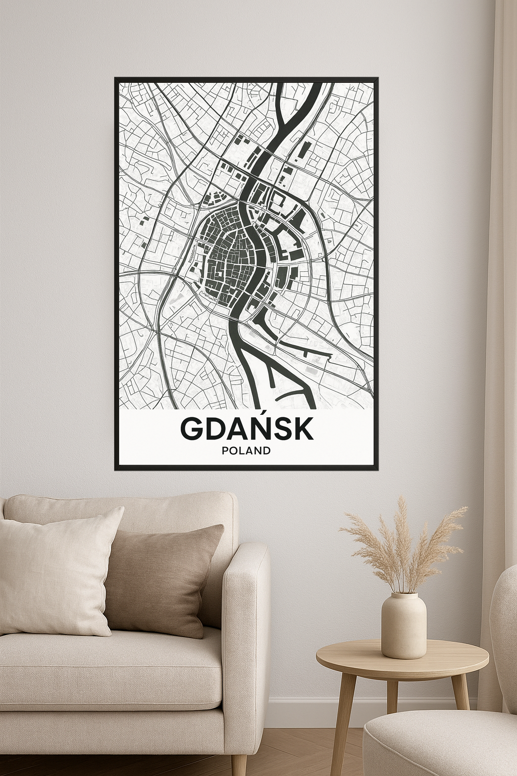 Black and white map of Gdańsk, Poland with street details.- salon